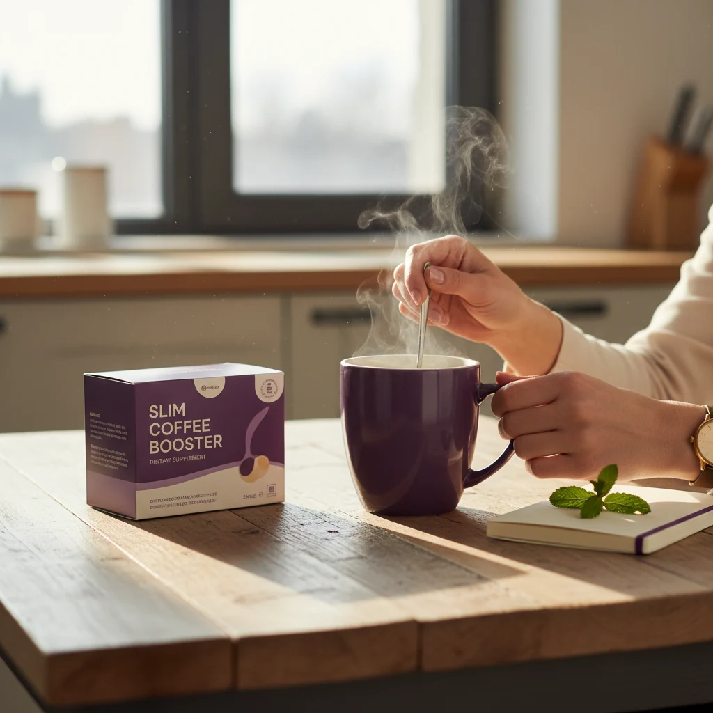 Morning coffee ritual with Slim Coffee Booster supplement box on a breakfast table